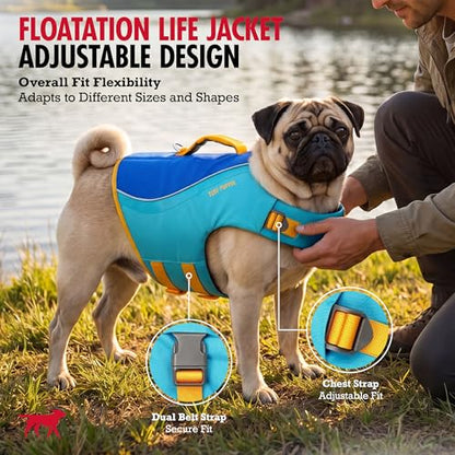 Tuff Pupper Dog Life Jacket | High Buoyancy Dog Swim Vest with Rescue Handle | Adjustable Secure Fit | Reflective Safety Trim | Pet Flotation Jacket for Swimming Boating Kayaking (Blue/Yellow, XL) - size: X-Large