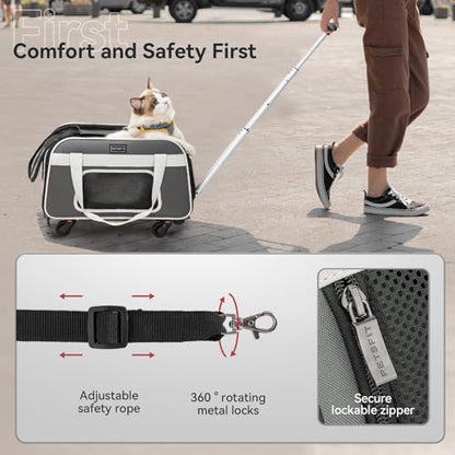 PETSFIT Airline Approved Cat Carrier with Wheels Designed for Small Dogs/Cats with Adjustable Safety Rope & Removable Wheels - color: Medium Gray, size: 20.1"L x 12.2"W x 14.2"H