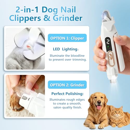 2-in-1 Dog Nail Grinder & Clipper - Quiet Electric Trimmer with Light, 2 Speeds, Rechargeable for Small Medium Large Dogs & Cats | Splash Guard & Safety Lock, Painless Grooming Tool