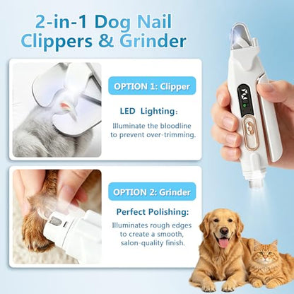 2-in-1 Dog Nail Grinder & Clipper - Quiet Electric Trimmer with Light, 2 Speeds, Rechargeable for Small Medium Large Dogs & Cats | Splash Guard & Safety Lock, Painless Grooming Tool