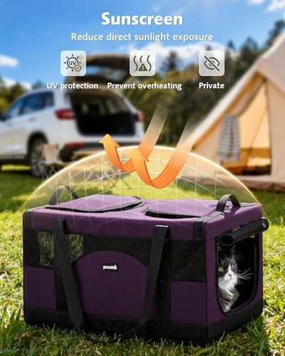 Pecute Dual Compartment Pet Carrier for Multi-Cat Families & Small Dog Owners, Collapsible Dog Crate with Reinforced Steel Frame, Car Safety Design for Travel, Vet Visits & Home Use, Purple - color: Purple