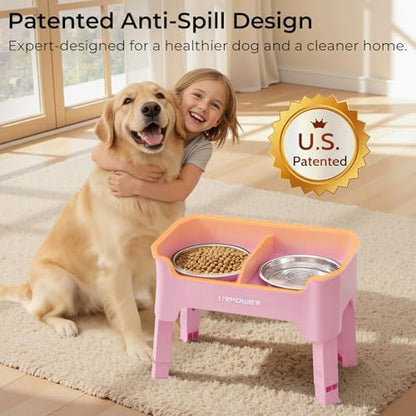 URPOWER Mess Proof Elevated Dog Bowls 4 Height Adjustable Raised Bowl Stand with 2 Stainless Steel Dog Bowls Non-Slip Food and Water Bowl Set for Small, Medium, Large Dogs, Pink - color: Pink, size: Medium