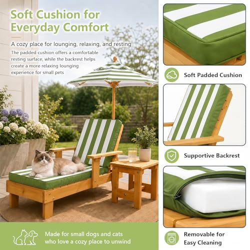 Dog Lounge Chair with Umbrella, Outdoor Elevated Dog Bed with Canopy and Removable Cushion, Pet Lounger with Side Table, Outdoor Dog Furniture for Backyard, Patio, Pool and Beach (Green)