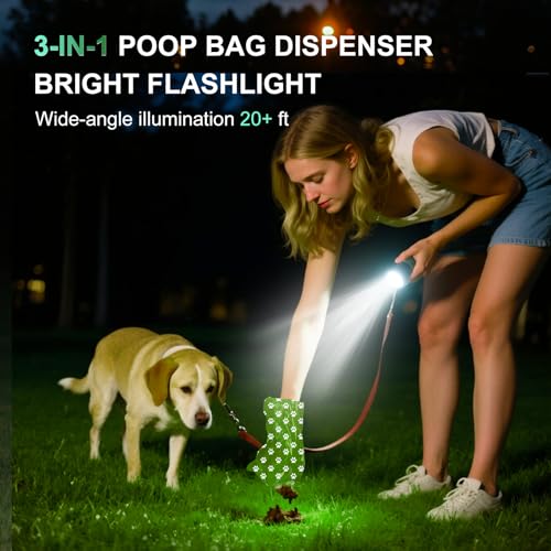 Tubasion 3-in-1 Dog Poop Bag Holder with Flashlight 7-Color, USB-C Rechargeable doggie bag holder for leash, IPX6 Waterproof Anti-Slip Clip Pet Waste Bag Dispenser for Walking (2 Dispensers, 60 Bags) - style: 2 Dispensers, 60 Bags