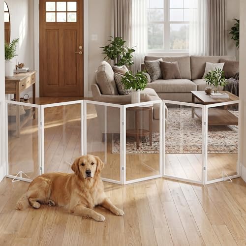 Extra Wide Clear Dog Gate，6 Panel (107.957" W*31.5" Tall) Wooden Dog Gate, Clear Acrylic Pet Gate，Transparent Freestanding Pet Gate for Doorways Stairs - size: 108" W*31.5" Tall (6 Panel)