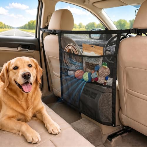 Dog Car Barrier, 27 x 22 Inch Enlarge Pet Barrier Mesh with Storage Pouch for Dogs & Child, Universal Dog Car Net Barrier Back Seat for SUVs, Sedans & Trucks