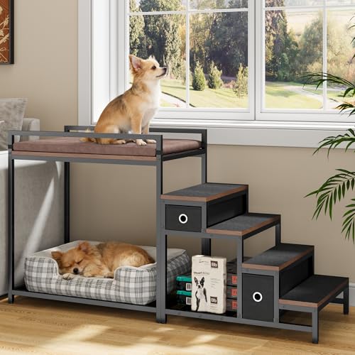 kepptory Dog/Cat Window Perch with Stairs and Seat Cushion, Pet Bunk Bed with Storage Drawers, Bedside Dogs Cot for Small, Medium Cats & Dogs, Pet Stairs Ramp(Brown) - color: Brown
