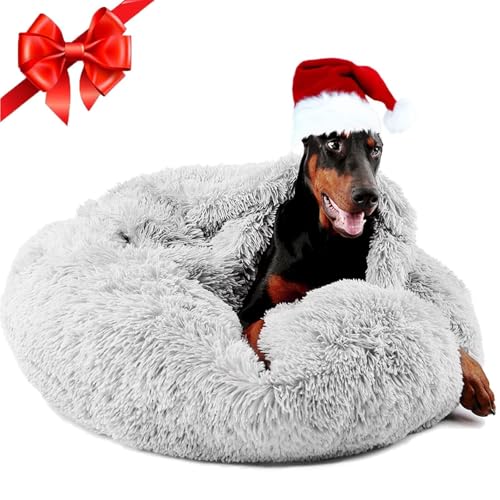 Himax Donut Dog Beds for Large Dogs with Blanket, Cozy Soft Fluffy Round Dogs Beds, Calming Dog Bed Washable (20"/26"/35") Light Grey - color: Light Grey, size: 35.0"L x 35.0"W x 10.0"Th