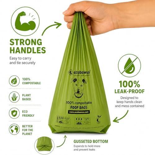 100% Compostable Handle-Tie Doggy Poop Bags (240 Bags) 16 Refill Rolls Plant-Based Cornstarch ASTM D6400 & EN 13432 Compliant HOME Certiified Compostabel Pet Dog Waste Bags (240 ct.)