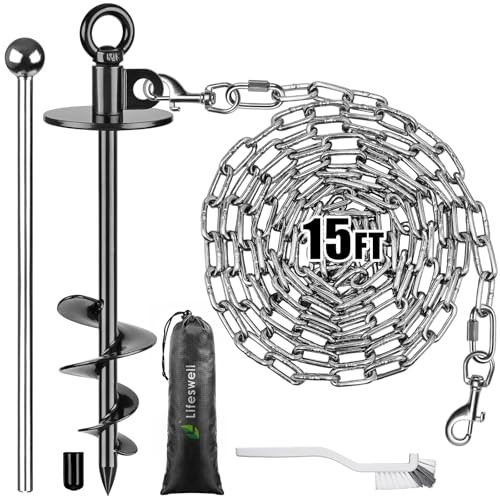 Dog Tie Out Chains and Stake, 15ft Chew Proof Stainless Steel Dog Chains for Outside, 15" Heavy Duty Dog Anchor for Dogs Up to 125lbs, Fully Welded, No Tangle, Ideal for Yard and Camping - color: Black-A, size: 15ft chain + stake