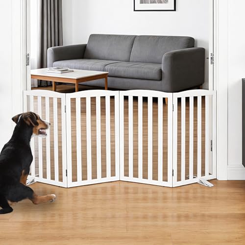 Freestanding Dog Gate Indoor,Doggie Gate Foldable Dog Gates for Doorways,Stairs or Hallways, Wooden White Pet Gate for the House, Pet Fence with Support Feet Included,32 "Height-4 Panels - color: White, size: 【4 Panels】80‘’w x 32''h