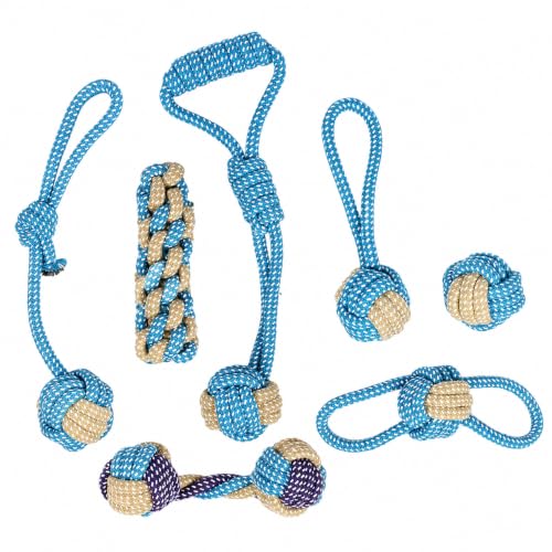 Durable Cotton Rope Dog Toys 7 Piece Set, Tough Chew Knot Balls for Teeth Cleaning, Interactive Tug and Fetch Toys for Small Medium Large Dogs, Indoor Outdoor Play - color: Blue Gray No.1 Seven-Piece Set