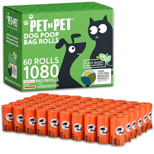 Pet N Pet 1080 Counts Orange Poop Bags for Dogs, 41% Plant Based & 59% PE Extra Thick Dog Poop Bags Rolls, 9" x 13", Unscented Pet Waste Bag - size: 1 Count (Pack of 1080), style: Unscented - Orange