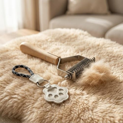 2-in-1 Dog Undercoat Rake and Dematting Tool - Durable Stainless Steel Deshedding Brush with Ergonomic Wooden Handle - Grooming Rake for Long Haired Cats & Dogs with Hair Keepsake Keychain(L) - size: l