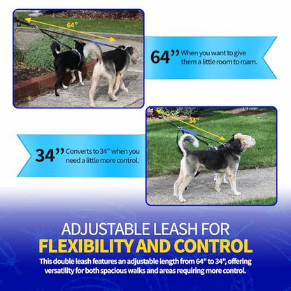 Pet Fit For Life 64" Double Dog Leash – Premium Dual Leash for Two Dogs w/Shock-Absorbing Bungee | Durable Soft Foam Handle for Comfort & Control | Includes Bonus Collapsible Travel Water Bowl - size: Large
