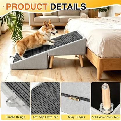 Dog Ramp for Couch Sofa and Low Bed, 13.5"H 2-in-1 Foldable Split Ottoman&Steps, Non-Slip Wooden Pet Stairs for Small Senior Injured Dogs & Cats