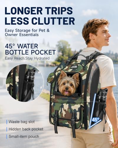 Dog Backpack Carrier with Ergonomic Support, Padded Straps and Ventilation, Hiking Pet Backpack with Safety Tethers, Reflective Trim and Waist Support, Up to 22lbs