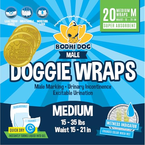 Bodhi Dog Disposable Male Dog Diapers - Super Absorbent, Leak-Proof Pee Wraps - Adjustable Fit, Comfortable Design, Advanced Moisture Control, and Wetness Indicator - Medium (20 Count) - size: Medium