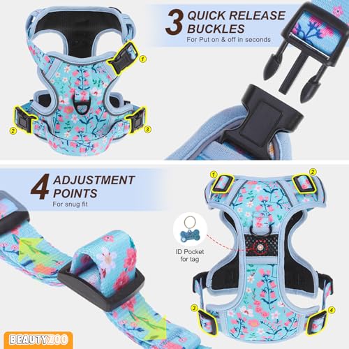 BEAUTYZOO No Pull Dog Harness Small, Adjustable Dog Harness and Leash Set -Easy Wearing with 3 Buckles/Control Handle,No Choke Soft Padded Reflective Pet Vest for Training Walking Hiking,Blue S - color: Blue Flower, size: S: chest 14"-24"
