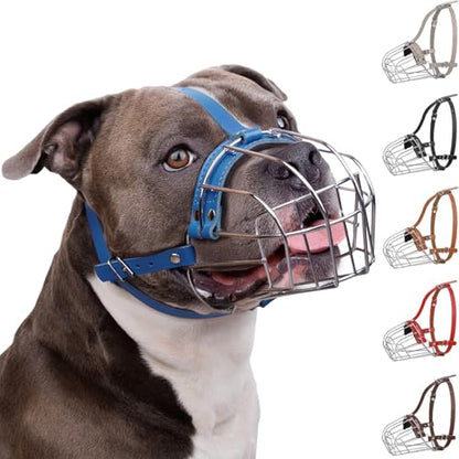BRONZEDOG Pitbull Dog Muzzle Breathable Metal Basket for Large Dogs Amstaff Staffordshire Terrier Biting Chewing Barking (Leather, Blue) - color: Leather, Blue