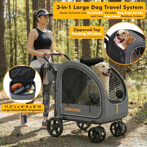 PAWZIDEA 3-in-1 Large Dog Stroller with Detachable Carrier up to 80lbs, Portable Dog Car Crate & Travel Kennel, Foldable Pet Stroller for 2 Medium Dogs, All-Terrain 9” Jogger Wheels, Adjustable Handle - color: Mid-Hemp Grey