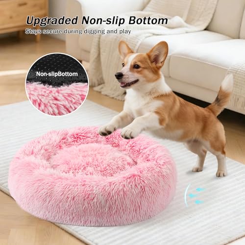 NOYAL Calming Donut Dog Bed for Small to Medium Dogs & Cats - Plush Faux Fur Anti-Anxiety Pet Bed with Machine Washable Cover & Non-Slip Base - color: Gradient Pink, size: Small 19.6''