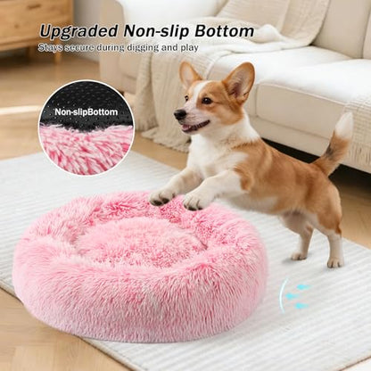 NOYAL Calming Donut Dog Bed for Small to Medium Dogs & Cats - Plush Faux Fur Anti-Anxiety Pet Bed with Machine Washable Cover & Non-Slip Base - color: Gradient Pink, size: Small 19.6''