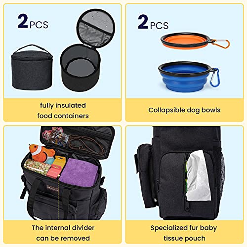 Modoker Dog Travel Bag with 2 Collapsible Dog Bowls, 1 Dog Backpack, Airline Approved Pet Travel BagOrganizer for Supplies & Accessories, 2 Travel Dog Food Container, Black - color: Sleek Black