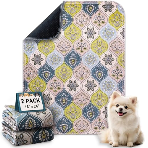 Washable Pee Pads for Dogs, Stylish Absorbent Reusable Training Dog Pads, Non-Slip and Leak-Proof Puppy Pads, Potty Pads for Crates, Whelping, Playpen, Bed and Floors, Cream/Multi 2 Pack 18" x24" - color: Cream/Multi, size: 18" x 24" 2PACK
