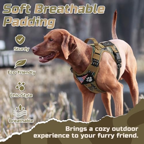 rabbitgoo Tactical Dog Harness Medium Sized Dog, No Pull Military Service Vest with Handle & Molle, Easy Control for Training Walking, Adjustable Reflective Straps, Brown camo, M - color: Brown camo, size: Medium