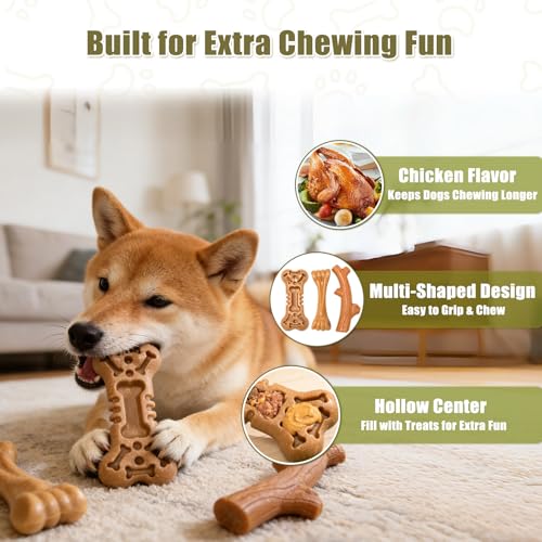 SCHITEC Dog Toys for Aggressive Chewers, 3 Pack Nylon & Wood Dog Chew Toy, Tough Chew Bone for Medium Large Dogs, Indestructible Teething Dog Toy, Chicken Flavor (Medium) - style: Medium