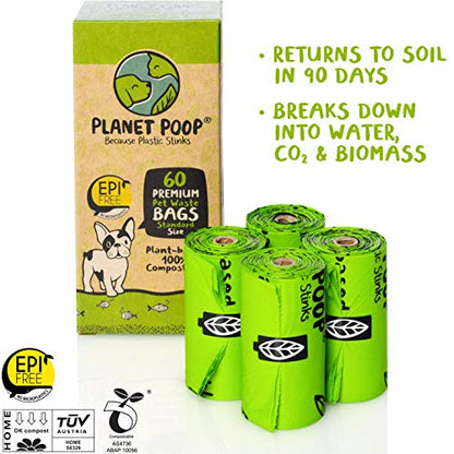 PLANET POOP Home Compostable Dog Poop Bags on Refill Rolls, 60 Un-Scented Pet Waste Bags, Thick Leakproof Plant-Based Doggy Bag, Cat & Dogs Supplies - size: 60 Count (Pack of 1)