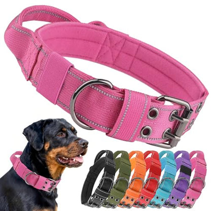 Tactical Dog Collar with Control Handle, Military Adjustable Pet Collar Reflective Heavy Metal Buckle Dog Collar, Soft Nylon Training Collar for Medium Large Dogs (Rose Red, Large) - color: Rose Red, size: Large