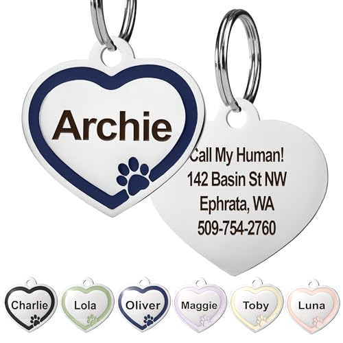 GoTags Stainless Steel Pet ID Heart Bone and Round Shaped Tags with Enamel Paw Design, Personalized Dog and Cat Tags, up to 5 Lines of Custom Text, Engraved on Both Sides (Navy Blue, Small Heart) - color: Navy Blue, size: Small Heart (Pack of 1)