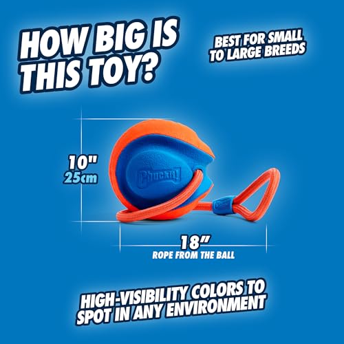 Chuckit! Rope Fetch Dog Toy - Ball on Rope Fetch and Tug-of-War Toy for Dogs - Durable EVA Rubber Construction - 5.5-inch Diameter - 18-inch Rοpe - Orange and Blue - size: One Size