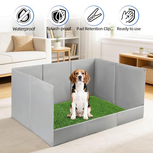 High Walls Dog Pee Pad Holder with Artificial Grass, 32.3"x22"x15.7" Foldable No-Splash No Assembly Indoor Dog Litter Box for Small/Medium Dogs Puppy Potty Training (Gray1) - color: (Gray1-with grass pad)