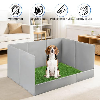 High Walls Dog Pee Pad Holder with Artificial Grass, 32.3"x22"x15.7" Foldable No-Splash No Assembly Indoor Dog Litter Box for Small/Medium Dogs Puppy Potty Training (Gray1) - color: (Gray1-with grass pad)