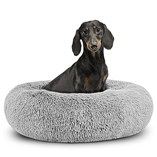 The Dog’s Bed Calming Donut Dog Bed, Plush Faux Fur Round Cuddler Nest – CertiPUR-Certified Foam, One-Piece Design, Raised Bolster – Silver Grey, Small 23"