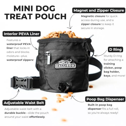 Callieco Mini Dog Treat Pouch with Magnetic & Zipper Closure | Small Waist Belt Training Behavior Aid Bag for Dog Walking with Poop Bag Dispenser (Black) - color: Black