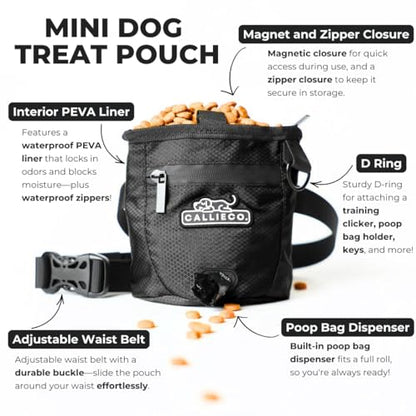 Callieco Mini Dog Treat Pouch with Magnetic & Zipper Closure | Small Waist Belt Training Behavior Aid Bag for Dog Walking with Poop Bag Dispenser (Black) - color: Black