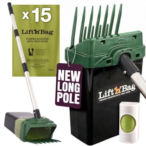 Neater Pet Brands Lift N’ Bag 2.0 Dog Pooper Scooper with Bag Attachment & 31" Pole for Small to Large Dogs, New Longer Pole, 15 Refill Bags, Heavy Duty Dog Poop Scooper for Yard, One-Hand Use - color: Green Scoop w/ Black Bin, size: 15 Bags