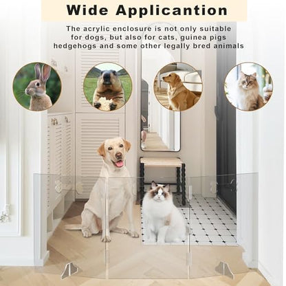 Clear Acrylic Dog Gate, 4 Panel 96" W x 31.5" H, Transparent Freestanding Pet Playpen Indoor, Foldable Pet Fence Barrier for Doorway with Handle/Support Feet - size: 4 Panel 96" W x 31.5" H