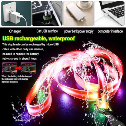 LED Waterproof Pet Dog Leash USB Rechargeable Fashionable Color Glow in the Dark Night Walk Safety Dog Leash for Medium to Large Dogs - color: Orange