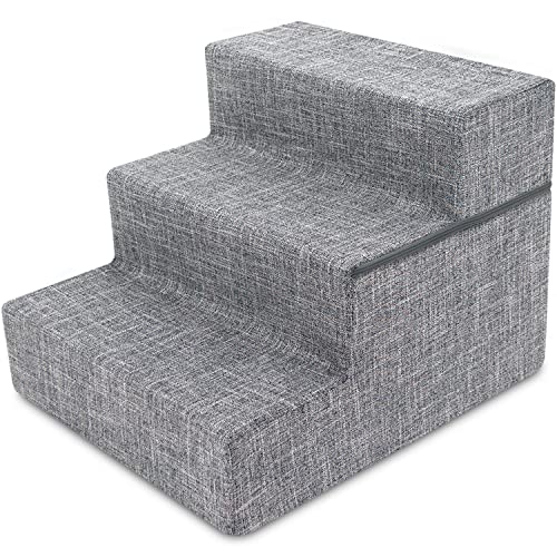 Best Pet Supplies Non-Slip Foam Dog Stair & Pet Ramp, Balanced Indoor Step Support - Foldable Stair, Ash Gray Linen,3-Step - color: Gray Linen, size: 3-Step (H: 16.5"), style: Stairs