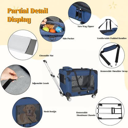 Large Foldable Rolling Dog Carrier,3-Doors Cat Carrier with Detachable Wheels,Pet Rolling Bag 24"x17"x17" for Large Cats, Medium & Small Dogs, Detachable for Travel,Vet Visits,Outdoor Walks (24 inch) - size: 24 inch