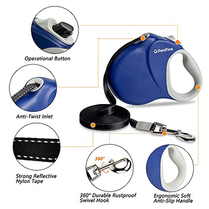PetiFine 26ft/8m Heavy Duty Retractable Dog Leash for Large Dogs,Strong Extendable Dog Leash Up to 110 lbs, Reflective Nylon Tape Tangle Free (Blue) - color: Blue