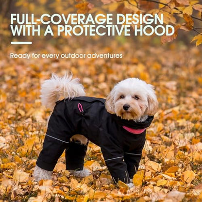 Kouser Waterproof Full-Body Coverage Dog Raincoat, Black 3XL | Dog Raincoat with Reflective Stripes, Adjustable Dog Rain Jacket with Leash D-Ring, Hooded Poncho for Small Medium Large Dogs - color: Black, size: XXX-Large(Back Length:25.98")
