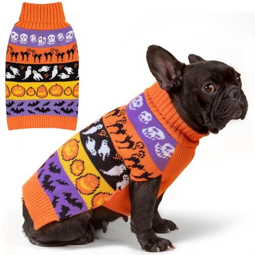 KYEESE Halloween Dog Sweater for Small Dogs Cute Pumpkin and Ghost Pattern Turtleneck Knitwear with Leash Hole Warm and Soft Dog Apparel Cozy Holiday Pet Outfit Comfortable Puppy Clothes, Small - color: 4# Hallowen, size: Small (4-7lbs)