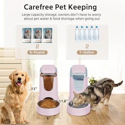 2 Pack Automatic Cat Feeder and Stainless Steel Water Dispenser, Gravity Dog Waterer Set Food Feeder and Waterer Set for Small Medium Kitten Puppy Pets(1 Gallon x 2, Violet) - color: 1 Gallon x 2 - Violet