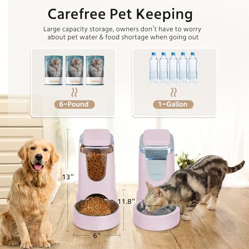 2 Pack Automatic Cat Feeder and Stainless Steel Water Dispenser, Gravity Dog Waterer Set Food Feeder and Waterer Set for Small Medium Kitten Puppy Pets(1 Gallon x 2, Violet) - color: 1 Gallon x 2 - Violet